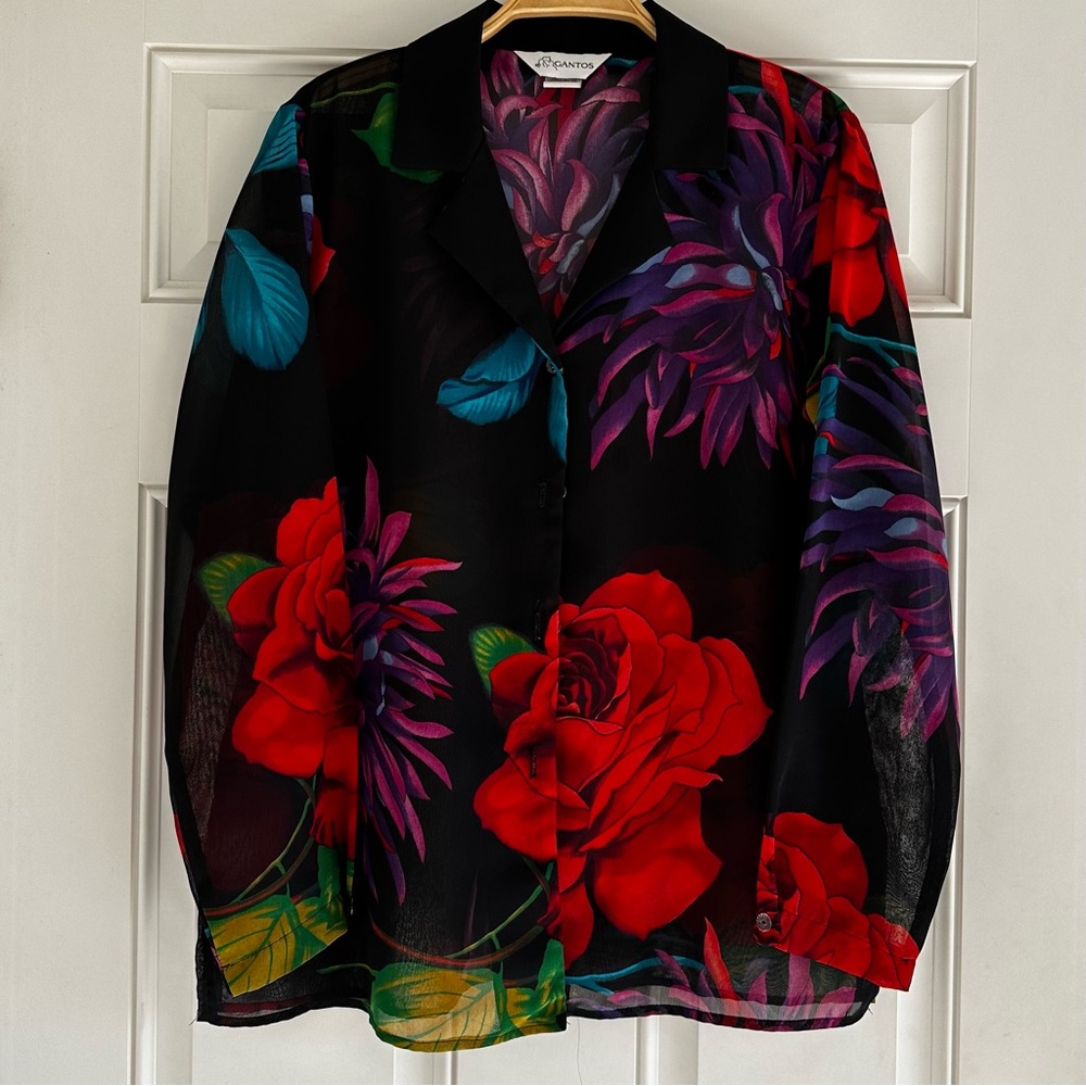 Vintage 90s Gantos Floral Sheer Blouse Shirt Top Rainbow Black Vibrant Fairy 6